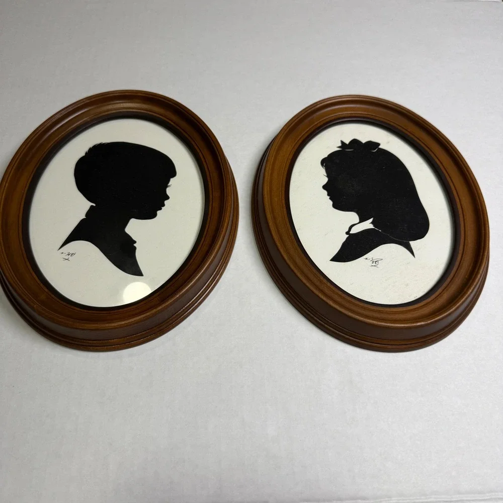 Vintage Silhouette Portraits Boy and Girl Signed Pair Oval Framed Wall Art 8.5
